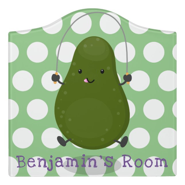 Cute avocado jump rope cartoon illustration door sign (Large Crest Front)