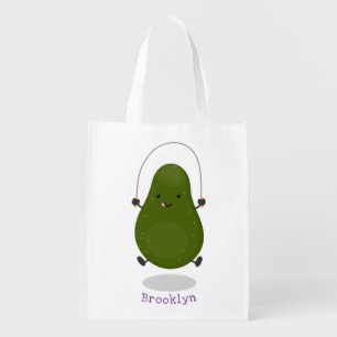 Cute avocado jump rope cartoon illustration grocery bag