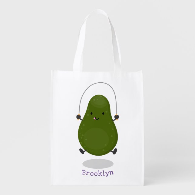 Cute avocado jump rope cartoon illustration grocery bag (Front)
