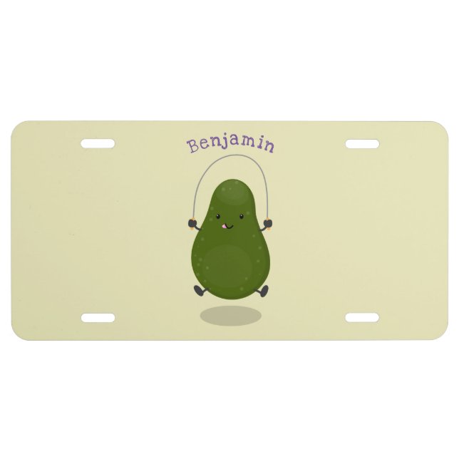 Cute avocado jump rope cartoon illustration  license plate (Front)