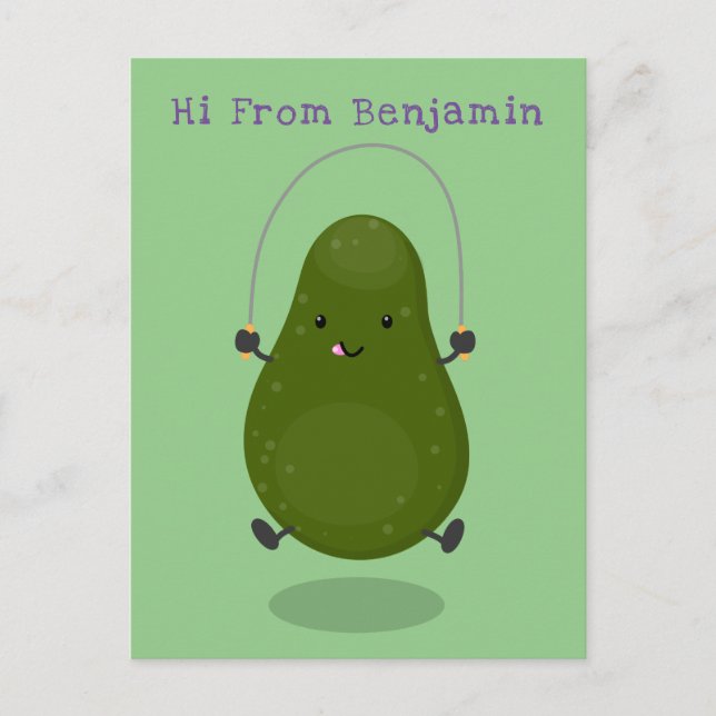 Cute avocado jump rope cartoon illustration postcard (Front)