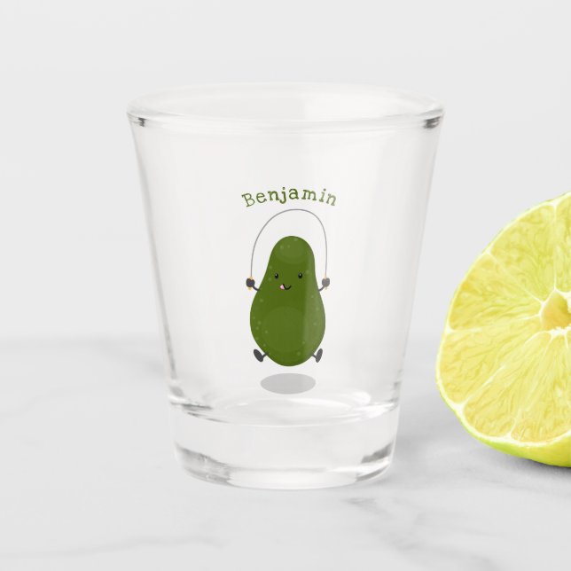 Cute avocado jump rope cartoon illustration shot glass (Front)