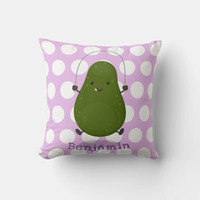 Cute avocado jump rope cartoon illustration throw pillow (Front)