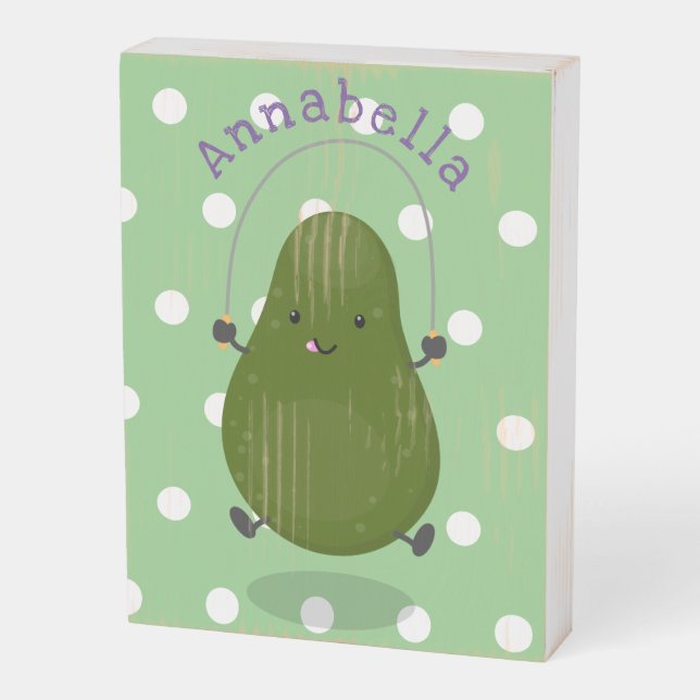 Cute avocado jump rope cartoon illustration wooden box sign (Angled Vertical)