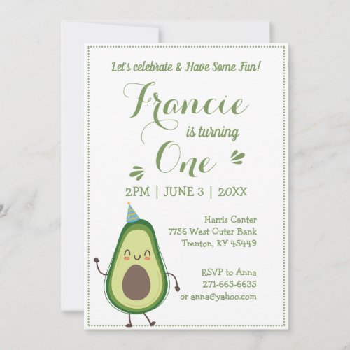 Cute Avocado Personalize 1st Birthday White BG Invitation