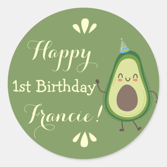 Cute Avocado Personalize Colorful 1st Birthday Classic Round Sticker (Front)