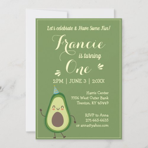 Cute Avocado Personalize Colorful 1st Birthday Invitation