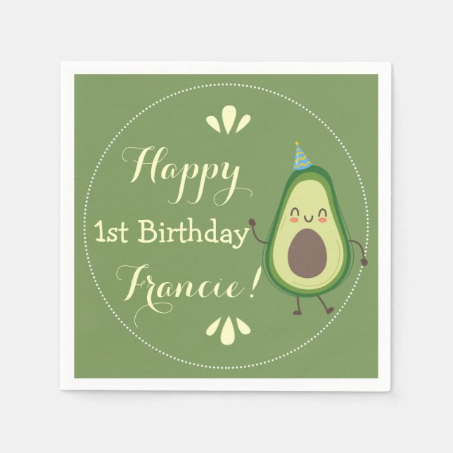 Cute Avocado Personalize Colorful 1st Birthday Napkins (Front)