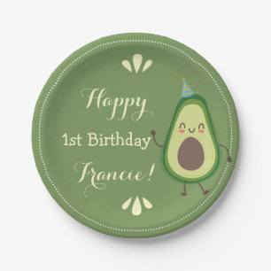 Cute Avocado Personalize Colorful 1st Birthday Paper Plates