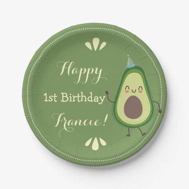 Cute Avocado Personalize Colorful 1st Birthday Paper Plates (Front)