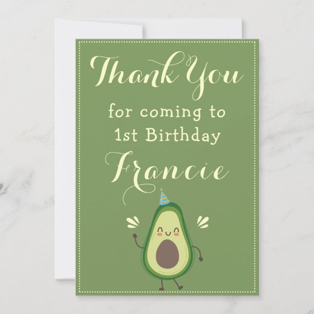 Cute Avocado Personalize Colorful 1st Birthday Thank You Card (Front)
