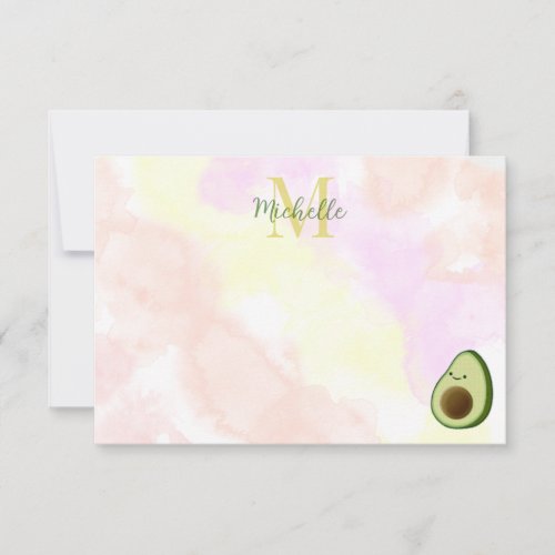 Cute Avocado Personalized Monogram Watercolor Note Card