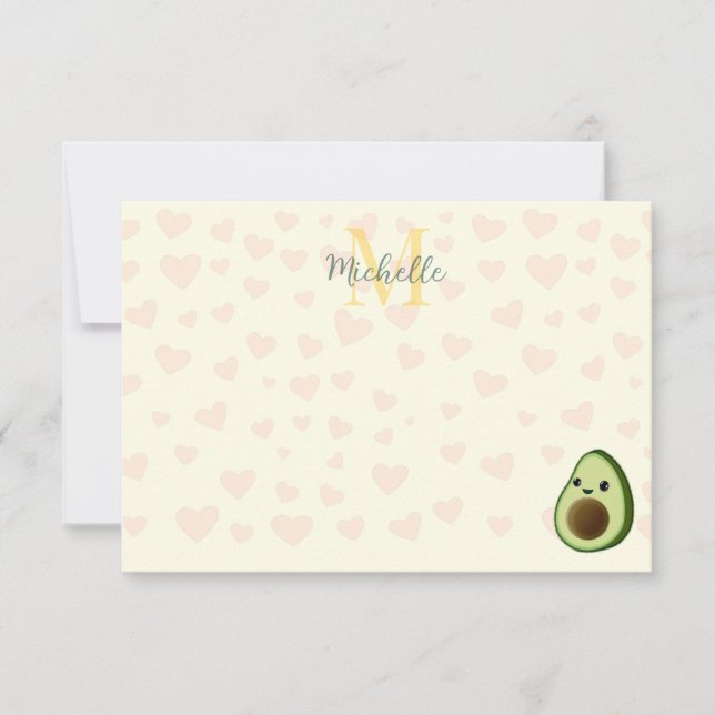 Cute Avocado Red Hearts Personalized Monogram Note Card (Front)