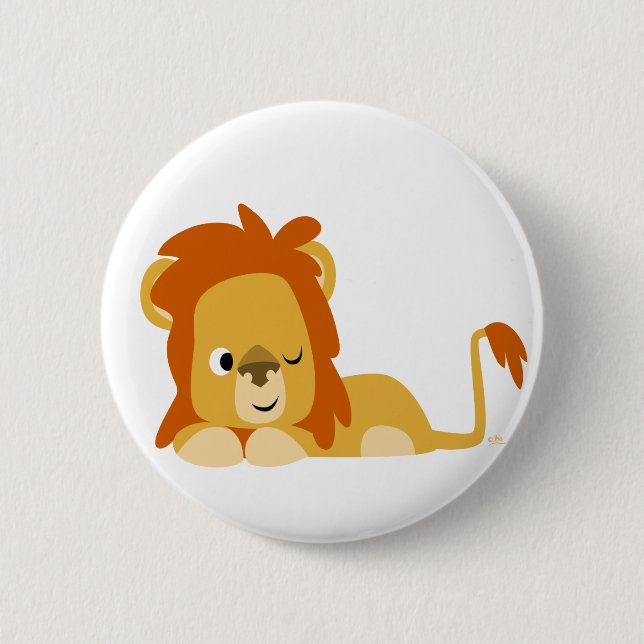 Cute Awake Cartoon Lion Button Badge (Front)