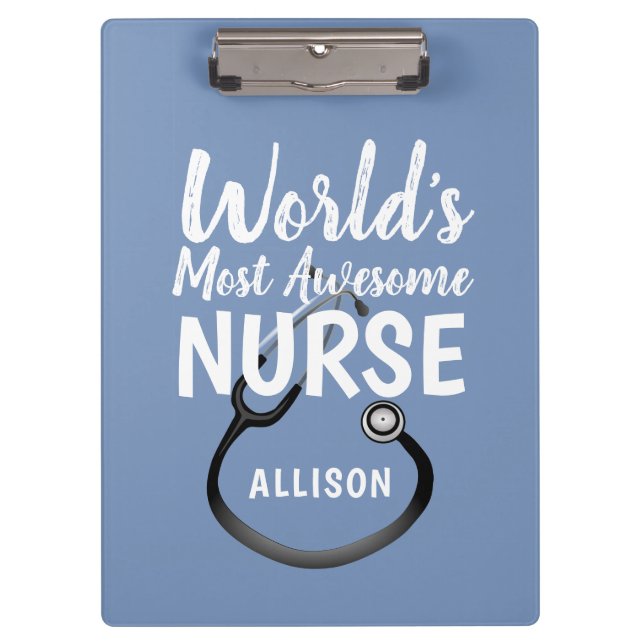 Cute Awesome Nurse Stethoscope Blue Personalized Clipboard (Front)