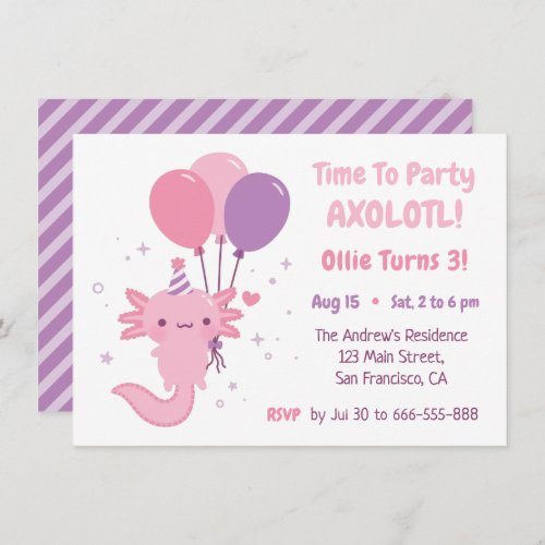 Cute Axolotl and Balloons Girls Birthday Party Invitation