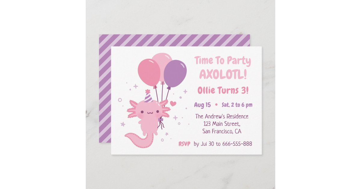 Cute Axolotl and Balloons Girls Birthday Party Invitation Zazzle
