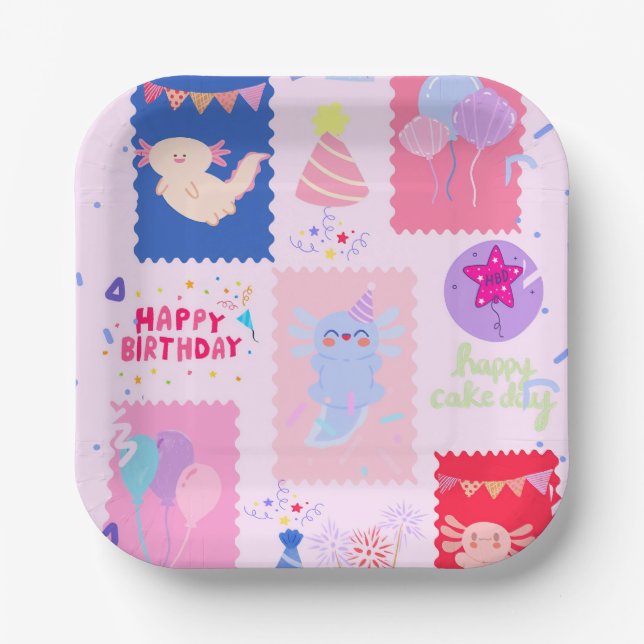 Cute axolotl birthday paper plates (Front)