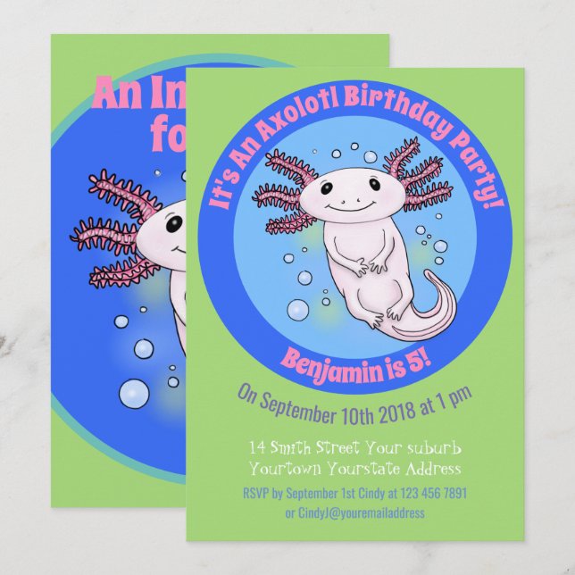 Cute axolotl cartoon birthday invite 5 years (Front/Back)