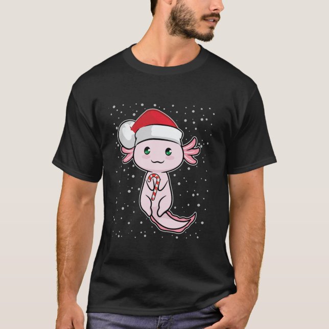 Cute Axolotl Christmas Candy Cane Funny Salamander T-Shirt (Front)