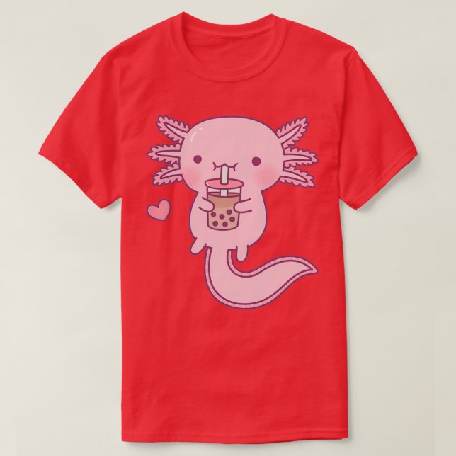 Cute Axolotl Drinking Bubble Tea T-Shirt (Design Front)