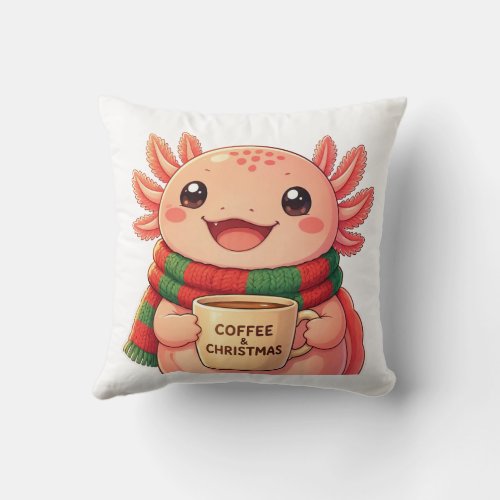 Cute Axolotl Drinking Coffee Christmas Accent  Throw Pillow