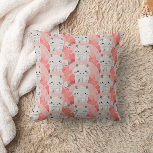 Cute Axolotl Drinking Milk Throw Pillow (Blanket)
