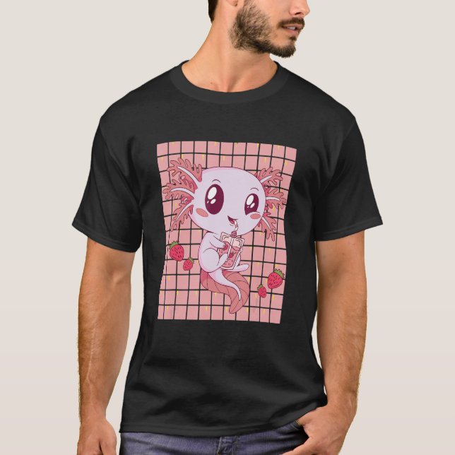 Cute Axolotl Drinking Strawberry Milk T-Shirt (Front)