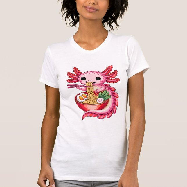 Cute Axolotl Eating Ramen Kawaii Noodle Cartoon T-Shirt (Front)