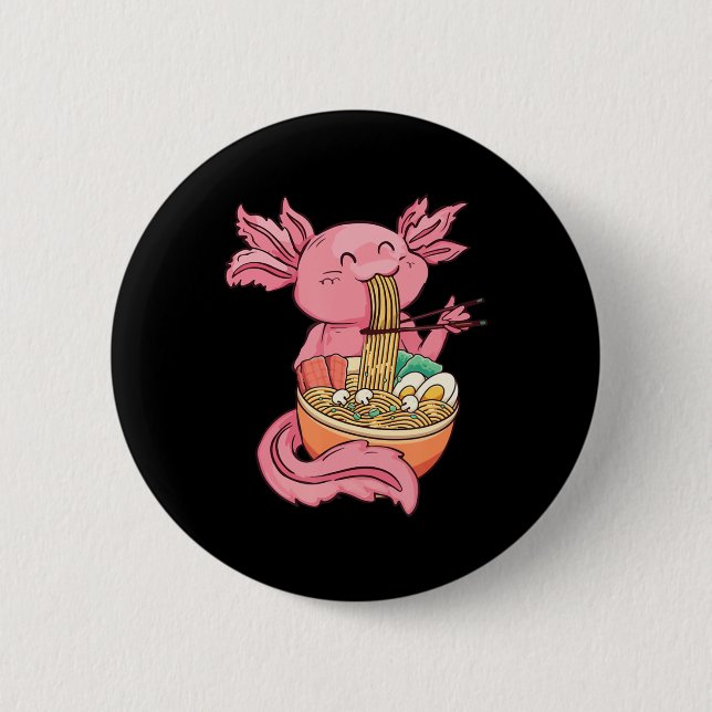 Cute Axolotl Eating Ramen Noodles Kawaii Anime Gir Button (Front)