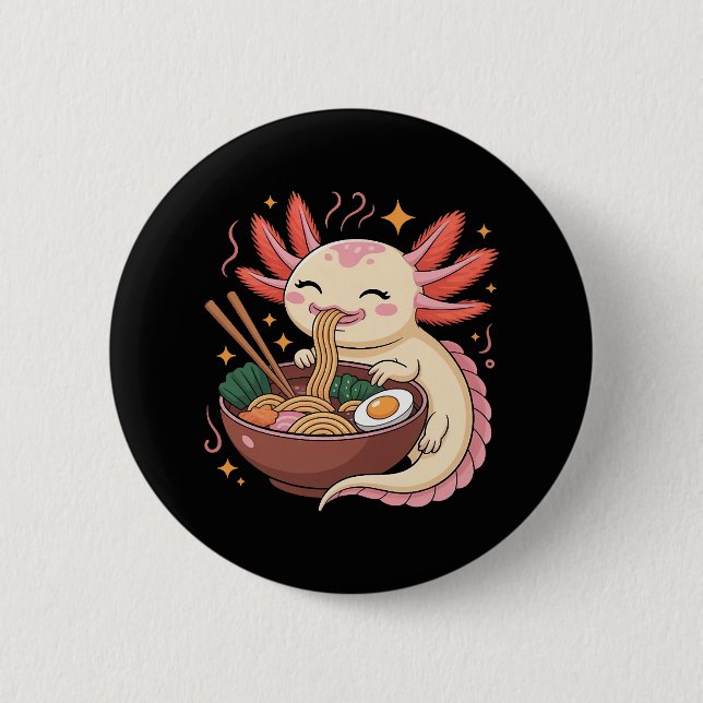 Cute Axolotl Eats Ramen Noodles Button (Front)