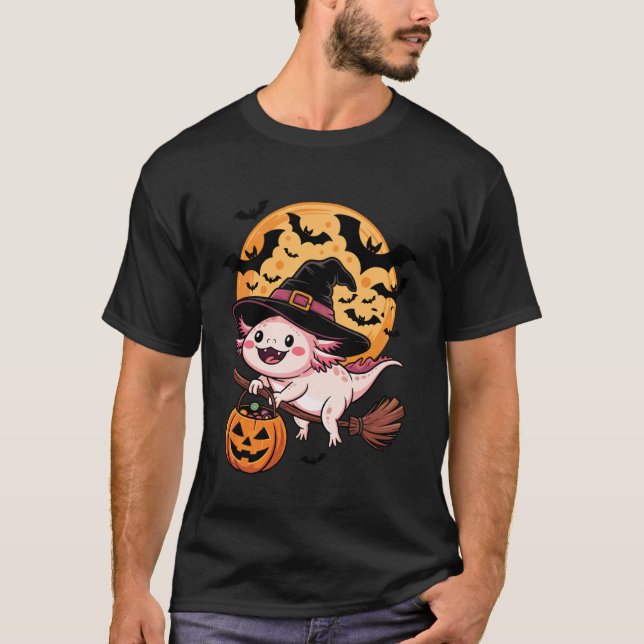 Cute Axolotl Halloween Witch Hat Jack-o-Lantern Ca T-Shirt (Front)