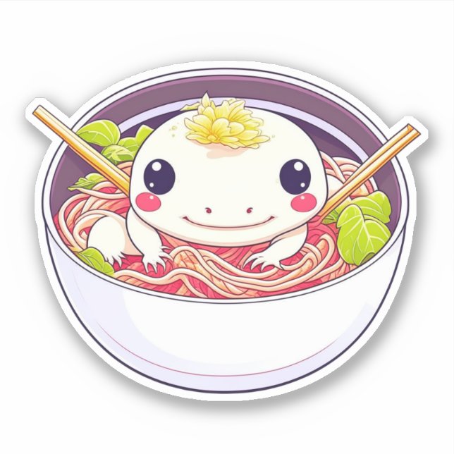 Cute Axolotl in Bowl of Ramen Soup Sticker (Front)