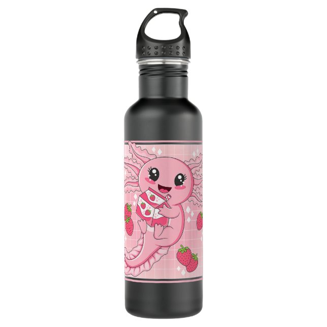 Cute Axolotl Japanese Strawberry Milk Anime Kawaii Stainless Steel Water Bottle (Front)