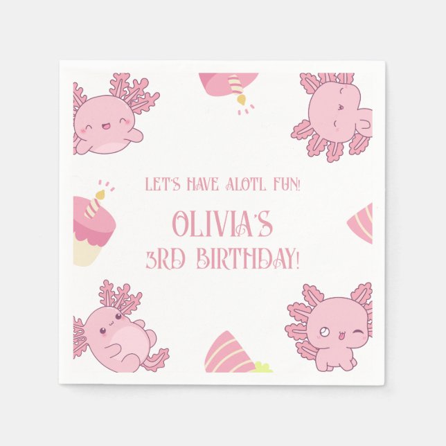 Cute Axolotl Kids Pink Alotl Fun Birthday Napkins (Front)
