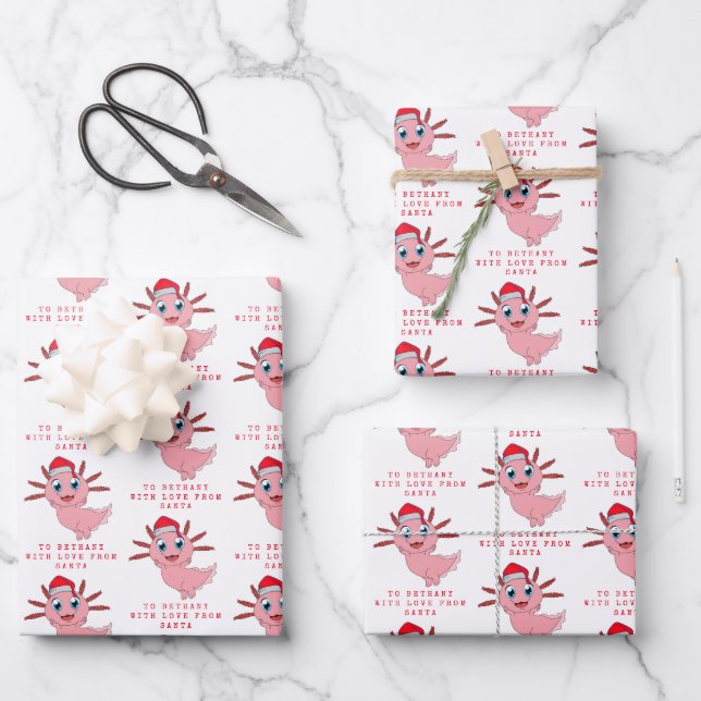  Cute Axolotl Love From Santa Childs Name Wrapping Paper Sheets (Front)