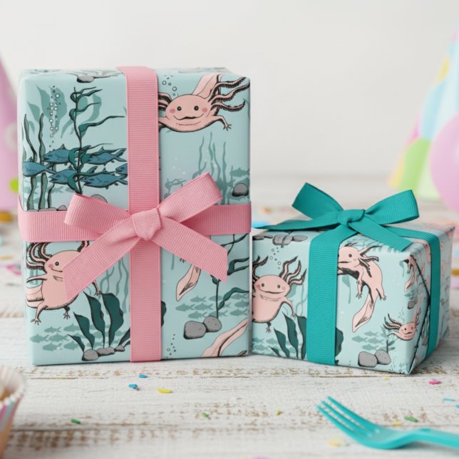 Cute Axolotl Mexican Salamander Turquoise Kids Wrapping Paper (Cute Pet Axolotl River Animal Kids Wrapping Paper in Turquoise. Pink Mexican Salamander Amphibian)