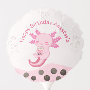 Cute Axolotl Pink Boba Tea Girl's Birthday Party Balloon