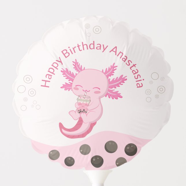 Cute Axolotl Pink Boba Tea Girl's Birthday Party Balloon (Front)