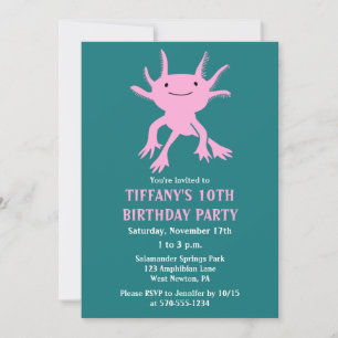 Cute Axolotl Pink Salamander Birthday Party Invitation