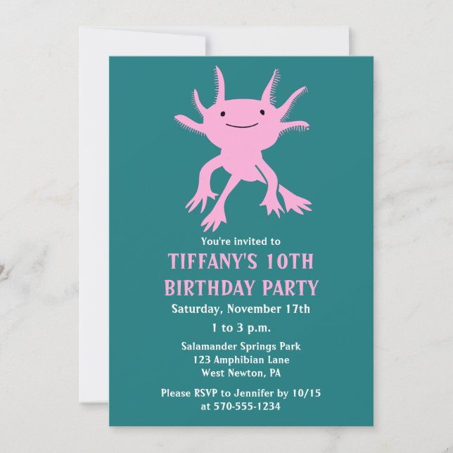 Cute Axolotl Pink Salamander Birthday Party Invitation (Front)