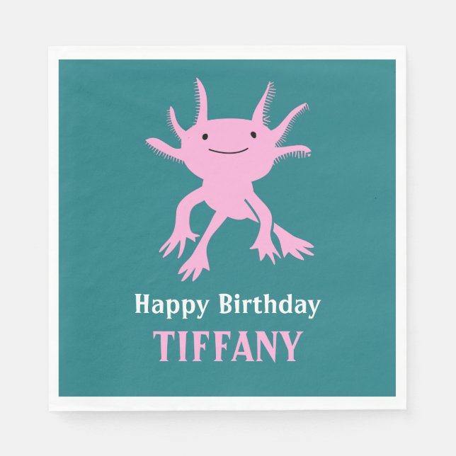 Cute Axolotl Pink Salamander Birthday Party Napkins (Front)