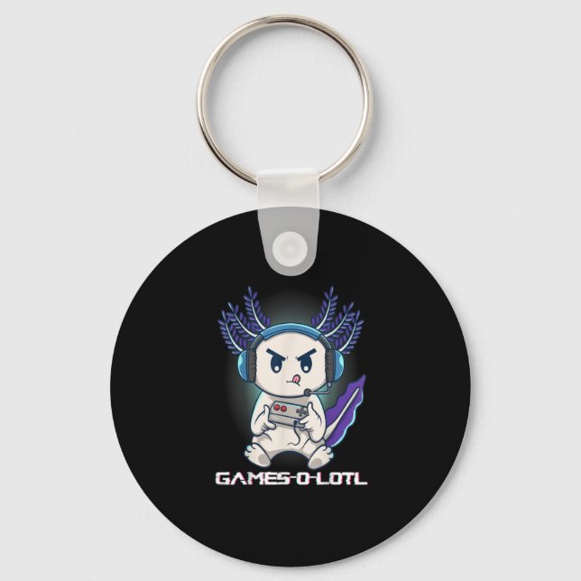 Cute Axolotl Playing Console Video Games Keychain (Front)