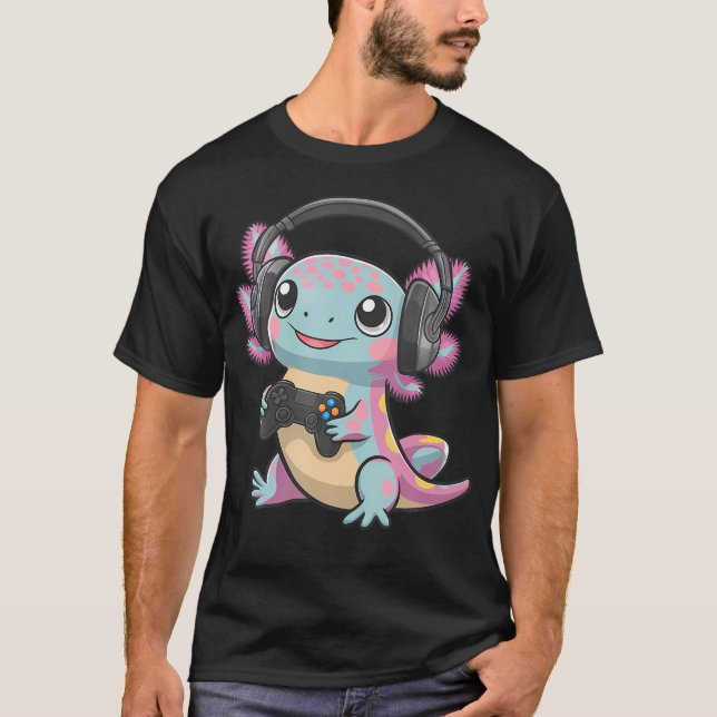 Cute Axolotl Playing Video Games Funny Gaming Axol T-Shirt (Front)
