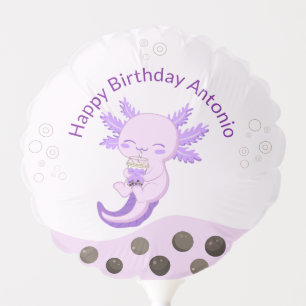 Cute Axolotl Purple Boba Tea Kids Birthday Party Balloon