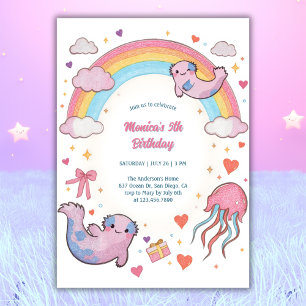 Cute Axolotl Rainbow Kids Birthday Party Invitation