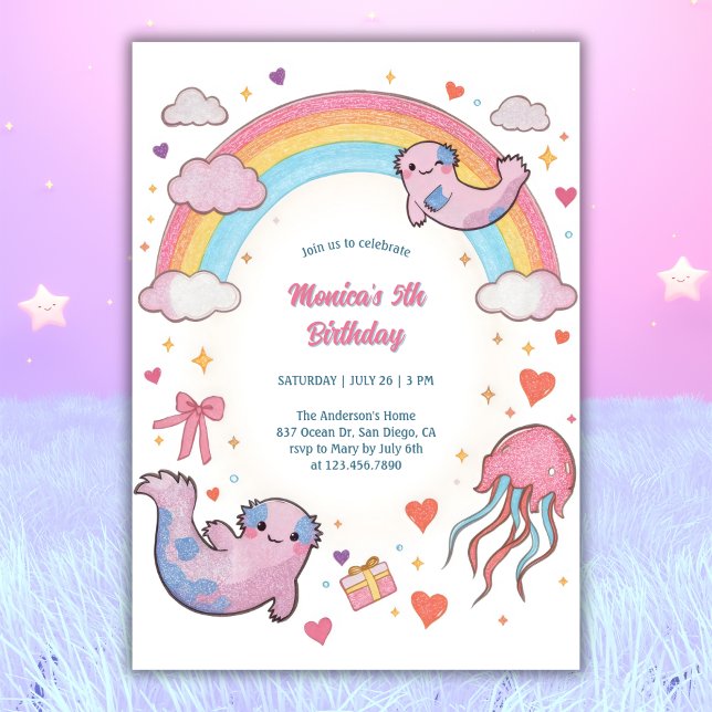 Cute Axolotl Rainbow Kids Birthday Party Invitation (Cute Axolotl Rainbow Birthday Invitation – Under the Sea Birthday Invite)