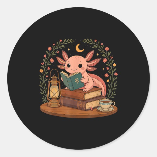 Cute Axolotl Reading Books Cozy Bookworm  Classic Round Sticker (Front)
