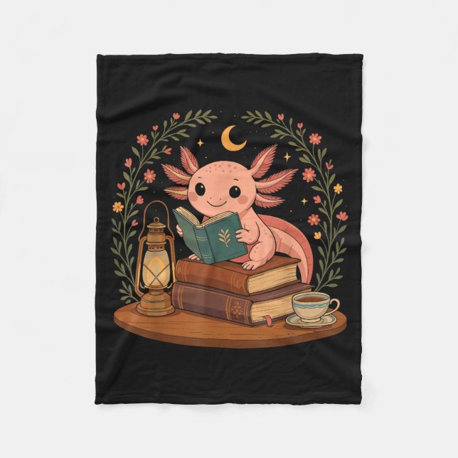 Cute Axolotl Reading Books Cozy Bookworm  Fleece Blanket (Front)