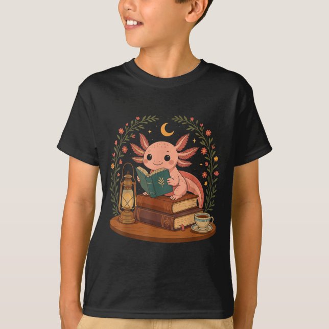 Cute Axolotl Reading Books Cozy Bookworm  T-Shirt (Front)